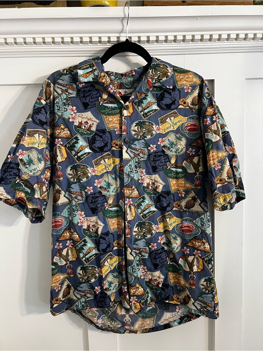 Hilo Hattie Shirt Mens medium Blue Hawaiian Original Button Up Floral Tree Print